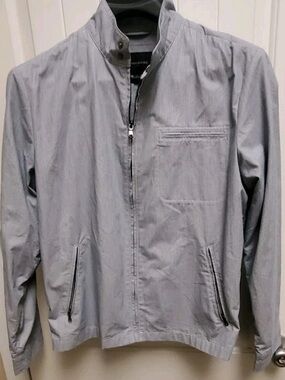 Banana Republic Men's Light Gray-Blue Striped Lightweight Harrington Bomber